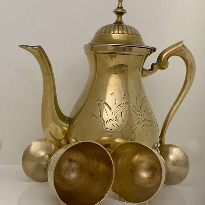 Vintage Brass 4-Piece Set  Teapot, Tray & Goblets  Floral Etched, India, Early 20t