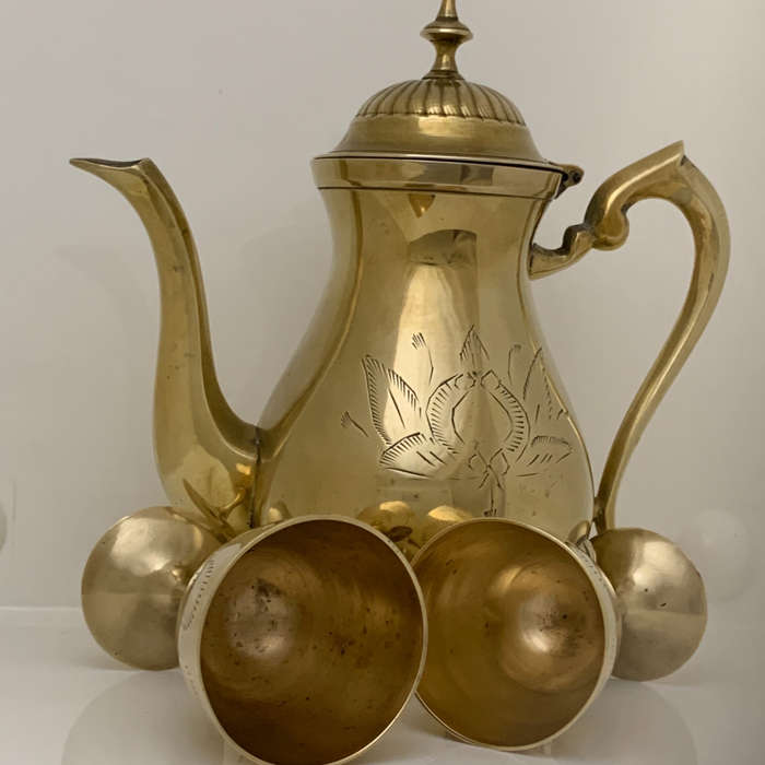 Vintage Brass 4-Piece Set  Teapot, Tray & Goblets  Floral Etched, India, Early 20t