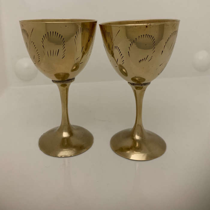 Vintage Brass 4-Piece Set  Teapot, Tray & Goblets  Floral Etched, India, Early 20t