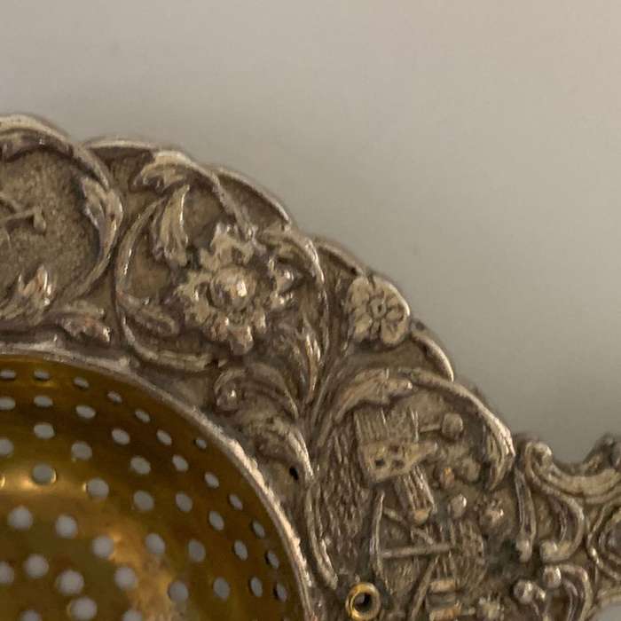 Vintage Dutch Silver Plated Tea Strainer with Ornate Canal Scene and Sailing Ship Handle c.1935