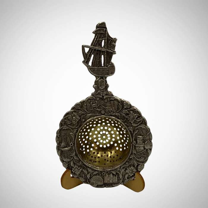 Vintage Dutch Silver Plated Tea Strainer with Ornate Canal Scene and Sailing Ship Handle c.1935