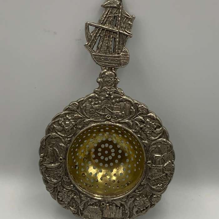 Vintage Dutch Silver Plated Tea Strainer with Ornate Canal Scene and Sailing Ship Handle c.1935