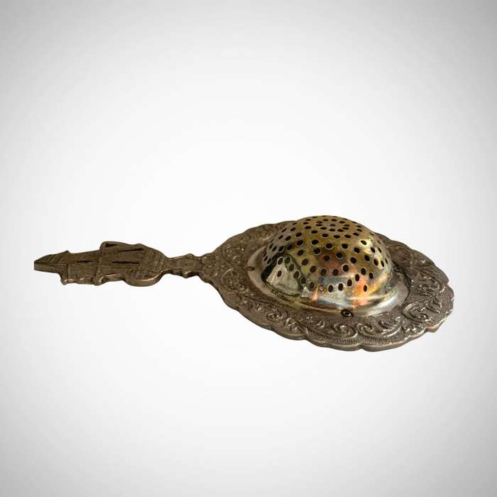 Vintage Dutch Silver Plated Tea Strainer with Ornate Canal Scene and Sailing Ship Handle c.1935