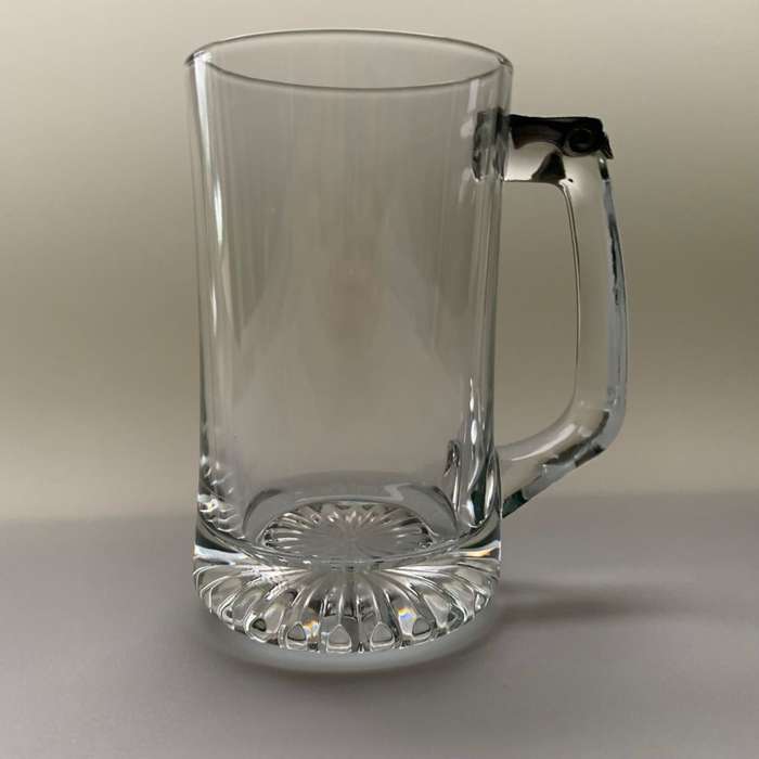 Large Clear Glass Beer Mug with Star Design Bottom & Pewter Thumb Grip - 350ml
