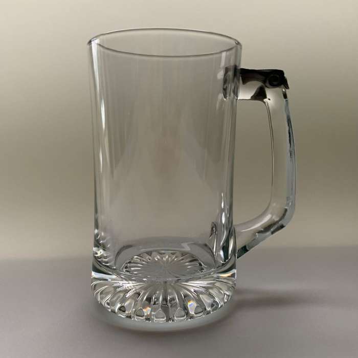 Large Clear Glass Beer Mug with Star Design Bottom & Pewter Thumb Grip - 350ml
