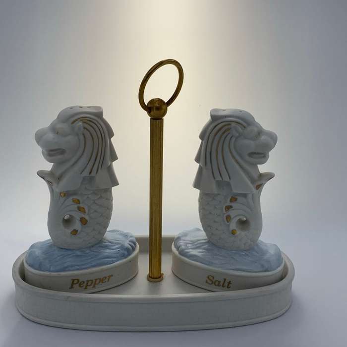 Vintage Singapore Merlion Porcelain Salt and Pepper Condiment Set