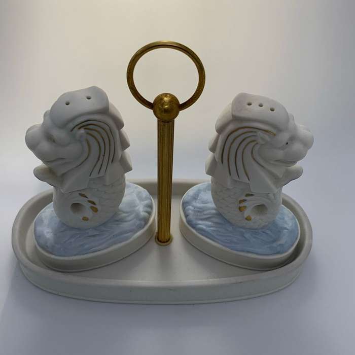 Vintage Singapore Merlion Porcelain Salt and Pepper Condiment Set