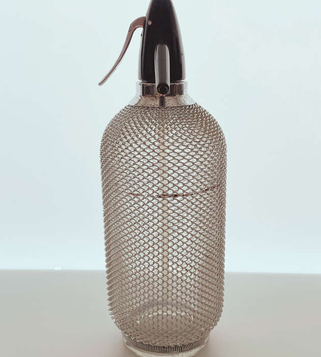 Vintage Czech Soda Siphon Seltzer Bottle - Large 35cm with Chromed Mesh c1960s