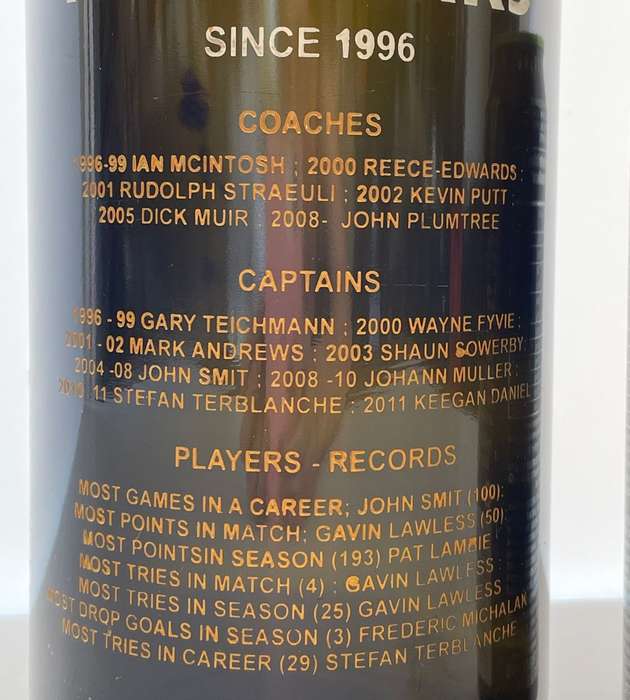 Large 47cm  Rugby Memorabilia: Engraved Sharks Wine Bottle - Tribute to Legends