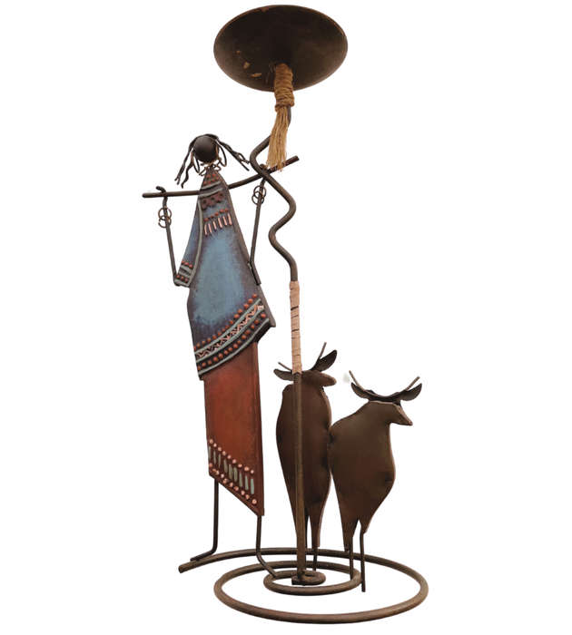 African Tribal Lady and Cows Wire and Tin Metal Candle Holder -31cm