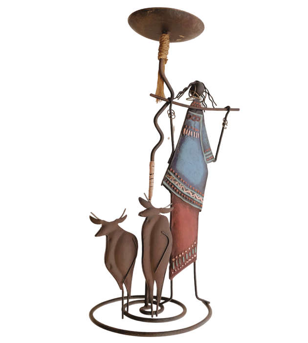 African Tribal Lady and Cows Wire and Tin Metal Candle Holder -31cm
