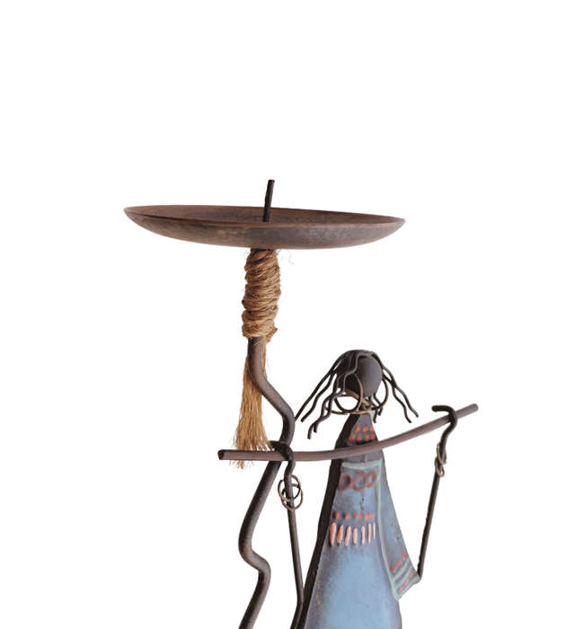 African Tribal Lady and Cows Wire and Tin Metal Candle Holder -31cm