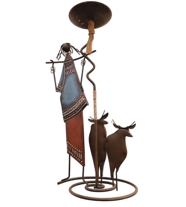 African Tribal Lady and Cows Wire and Tin Metal Candle Holder -31cm