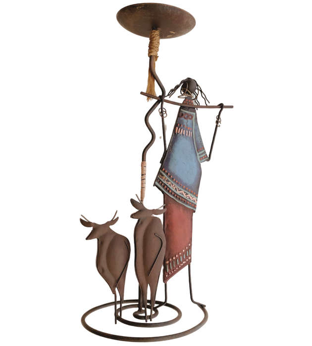 African Tribal Lady and Cows Wire and Tin Metal Candle Holder -31cm