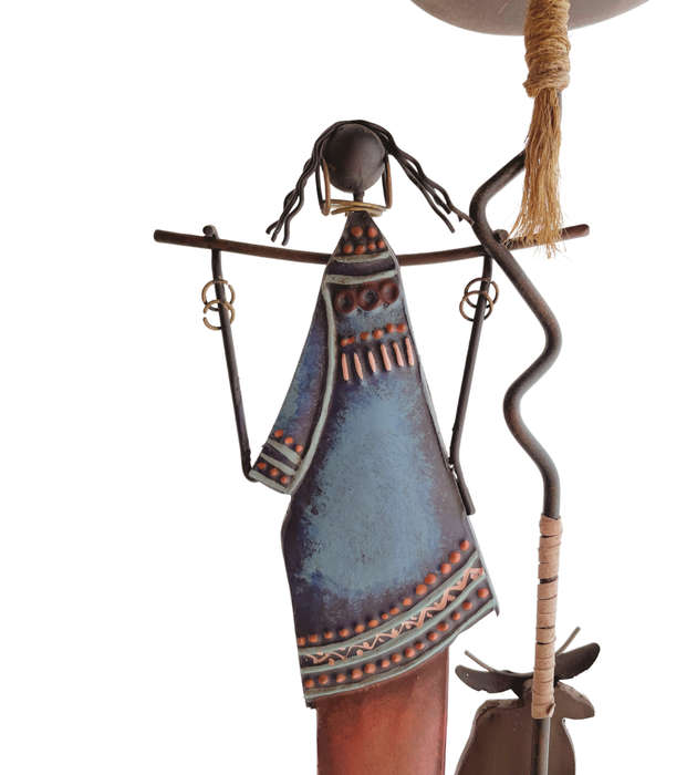 African Tribal Lady and Cows Wire and Tin Metal Candle Holder -31cm