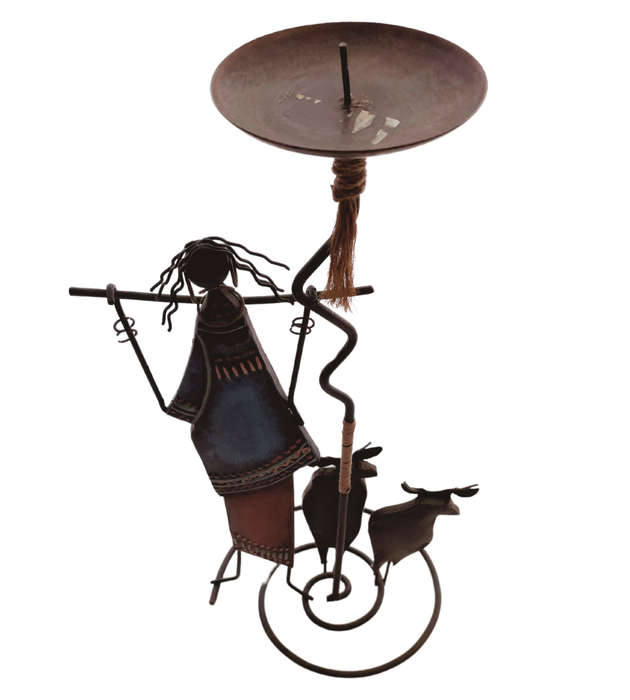 African Tribal Lady and Cows Wire and Tin Metal Candle Holder -31cm