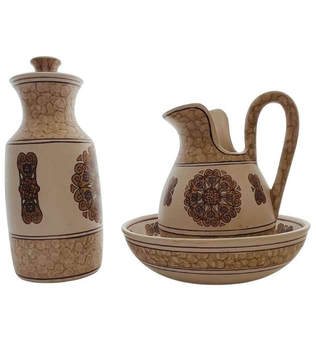 Large Hand-Painted Majolica Ewer, Basin, and Holder Set - Romano 3 Piece Set