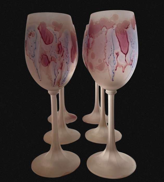 Exquisite 6-Piece Hand-Painted Hebron Frosted Pink Crystal Wine Set - Rare Holyland