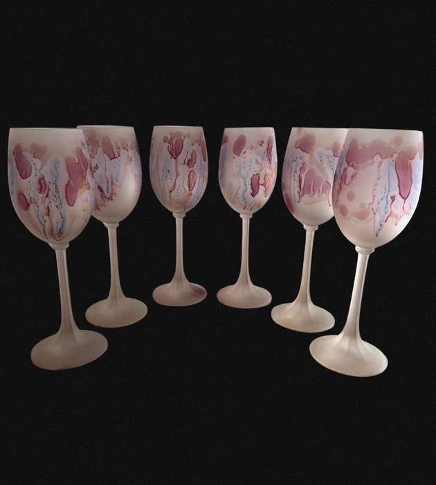 Exquisite 6-Piece Hand-Painted Hebron Frosted Pink Crystal Wine Set - Rare Holyland