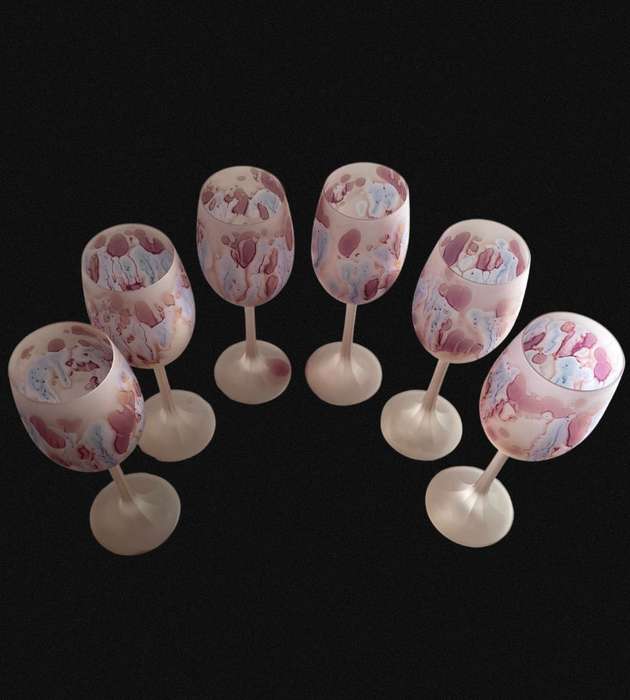 Exquisite 6-Piece Hand-Painted Hebron Frosted Pink Crystal Wine Set - Rare Holyland