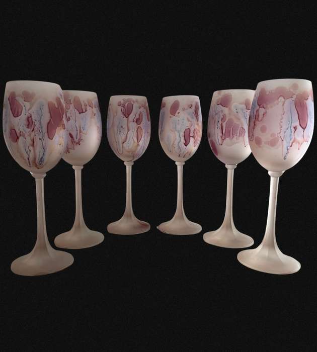 Exquisite 6-Piece Hand-Painted Hebron Frosted Pink Crystal Wine Set - Rare Holyland