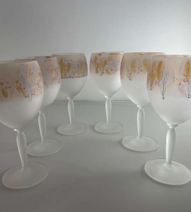 Art Nouveau Reuben 6-Piece Hand-Painted Hebron Frosted Crystal Wine Set - Holyland