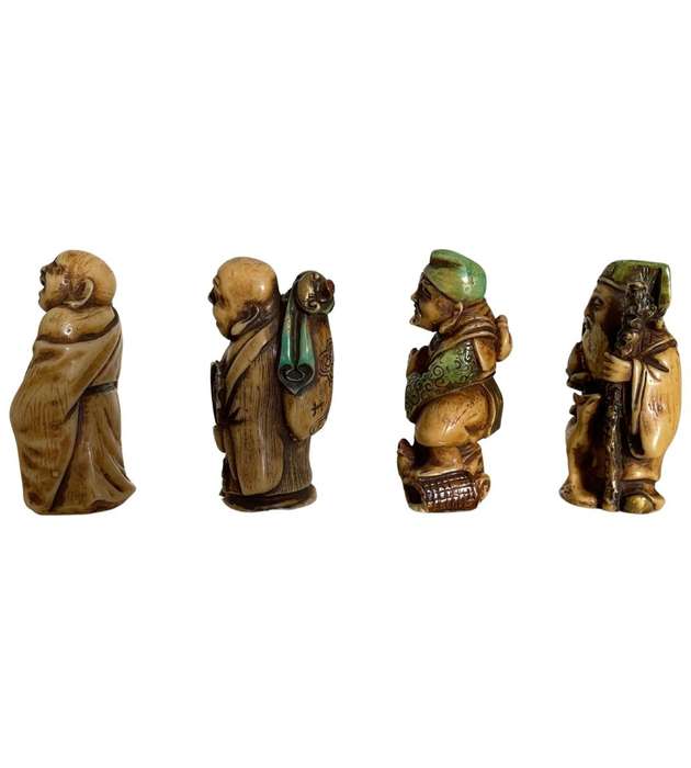 4 Japanese Netsuke Polychrome Resin Figurines, Signed `M` - Made in Italy