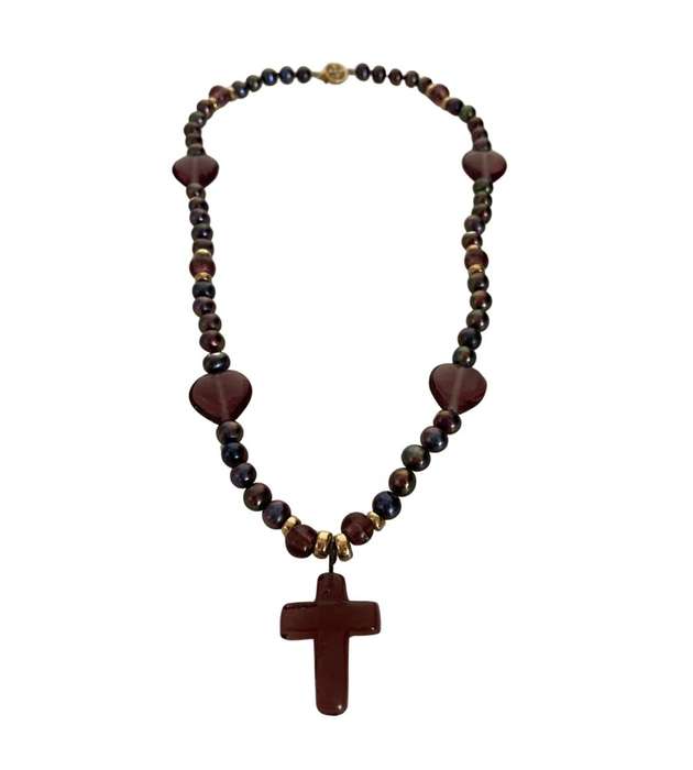 Tahitian Black Pearl Strand Necklace with Antique Amber Purple Glass Cross & 14K Gold-Filled Clasp