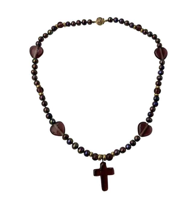 Tahitian Black Pearl Strand Necklace with Antique Amber Purple Glass Cross & 14K Gold-Filled Clasp