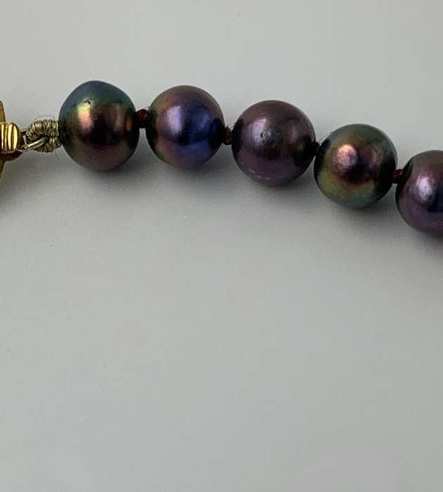 Tahitian Black Pearl Strand Necklace with Antique Amber Purple Glass Cross & 14K Gold-Filled Clasp