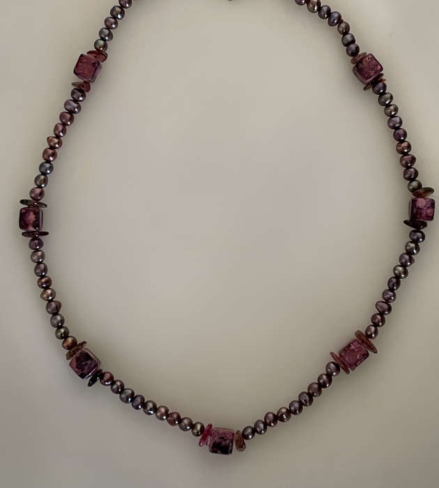 Genuine  Baroque Seed Pearl Choker Necklace with Amethyst Quartz and Enamelled Glass Beads