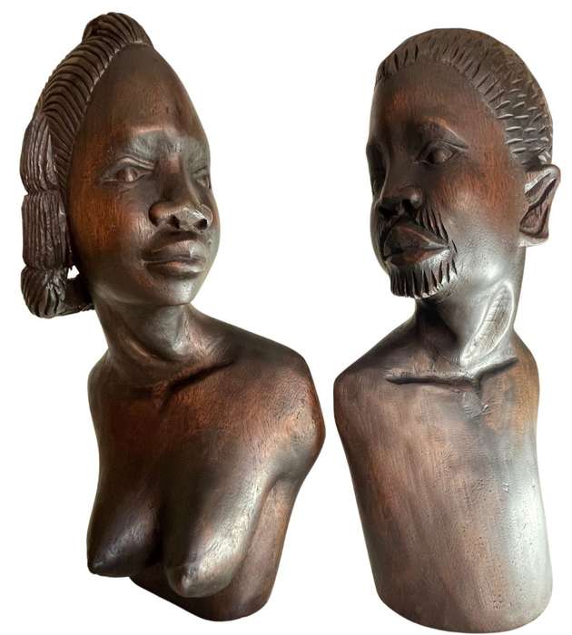 Vintage Rhodesian Teak Carved African Couple Busts  Large 44cm Hardwood Tribal Sculptures