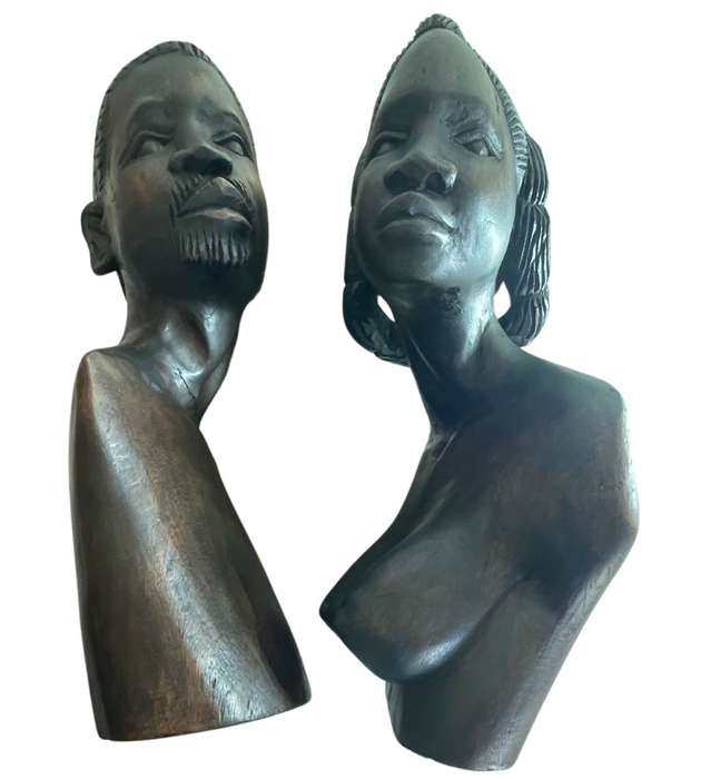 Vintage Rhodesian Teak Carved African Couple Busts  Large 44cm Hardwood Tribal Sculptures