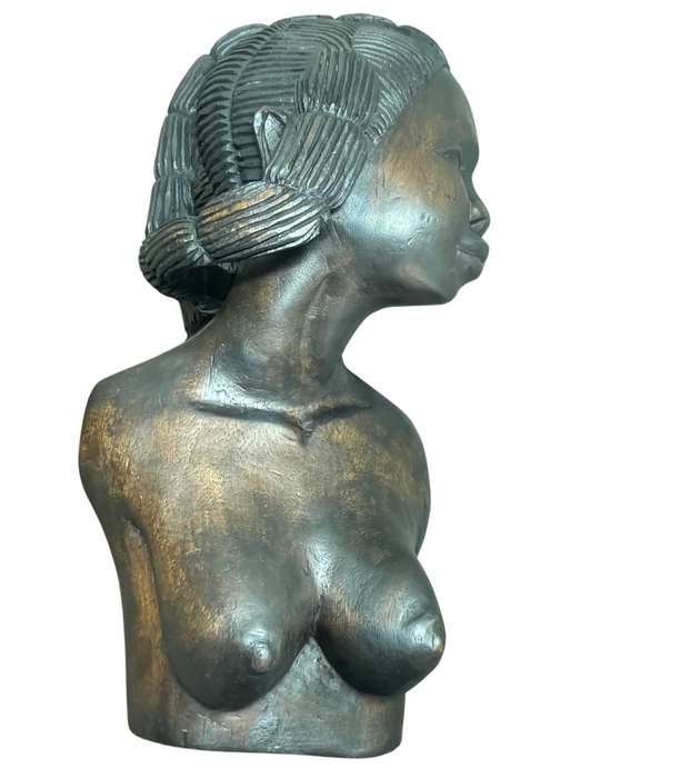 Vintage Rhodesian Teak Carved African Couple Busts  Large 44cm Hardwood Tribal Sculptures