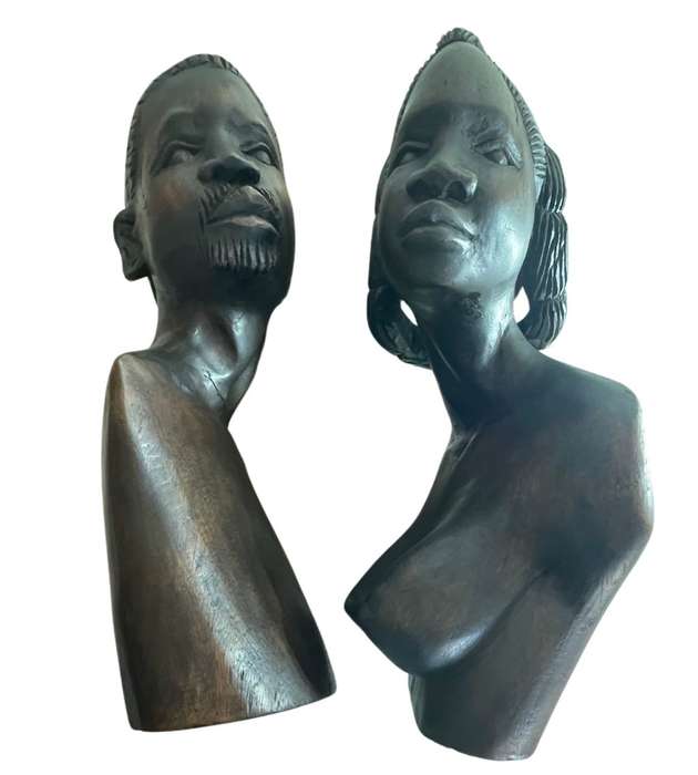 Vintage Rhodesian Teak Carved African Couple Busts  Large 44cm Hardwood Tribal Sculptures