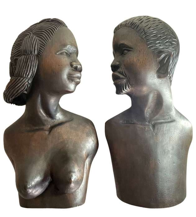 Vintage Rhodesian Teak Carved African Couple Busts  Large 44cm Hardwood Tribal Sculptures