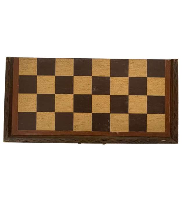 Vintage Folding Wooden Travel Chess Set with Brass Handles  Hand-Carved Detail