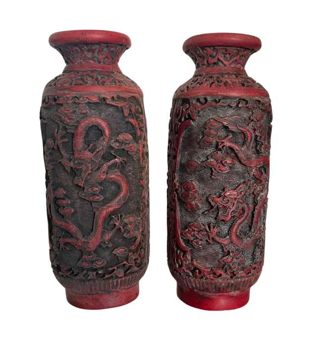 Reduced! 19th Century Chinese Cinnabar-Redware Vases with Floating Five-Claw Dragons - 19cm Tall by