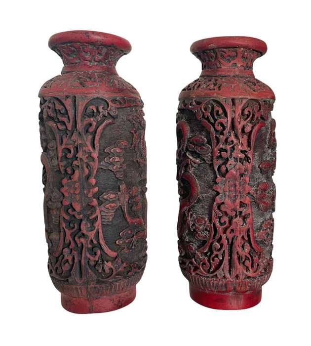 Reduced! 19th Century Chinese Cinnabar-Redware Vases with Floating Five-Claw Dragons - 19cm Tall by