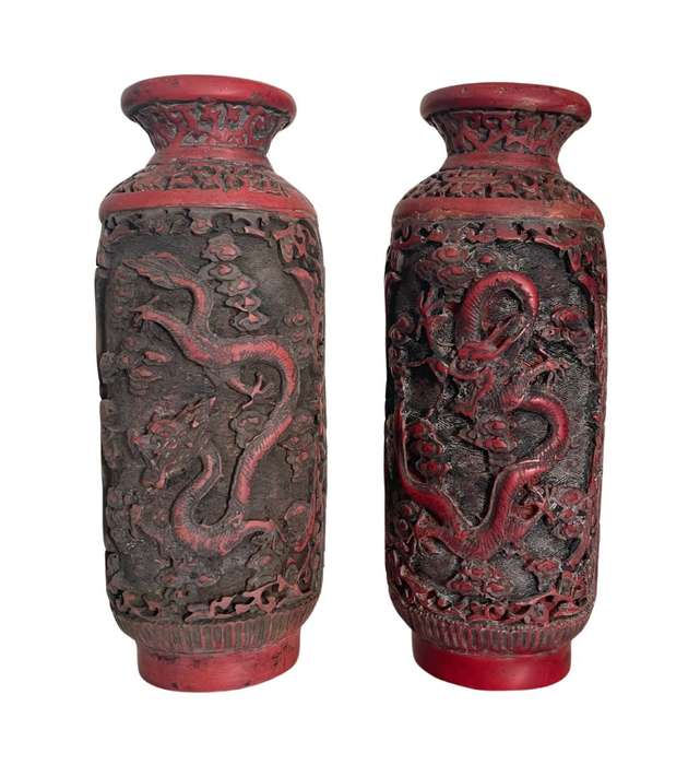 Reduced! 19th Century Chinese Cinnabar-Redware Vases with Floating Five-Claw Dragons - 19cm Tall by