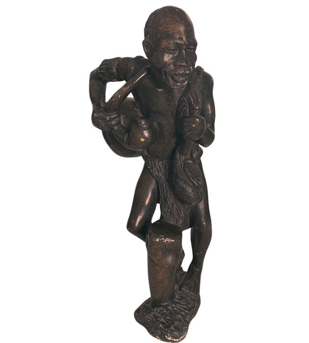 Exquisite 6kg Zimbabwean Soapstone Sculpture of an Old Man with Musical Instrument and Pipe