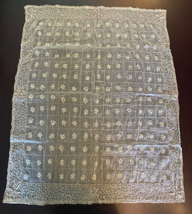 Reduced! Vintage Handmade Embroidered Silk Organza Tablecloth with Beaded Silver Wire - Zardosi