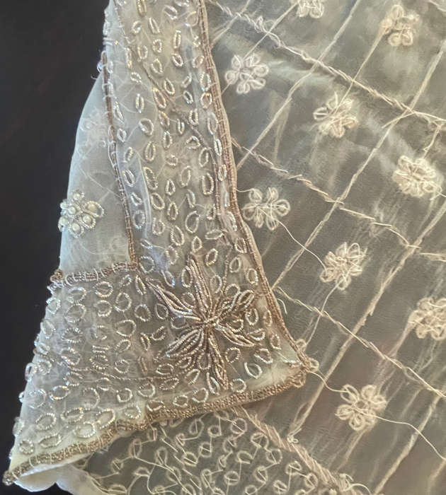 Reduced! Vintage Handmade Embroidered Silk Organza Tablecloth with Beaded Silver Wire - Zardosi