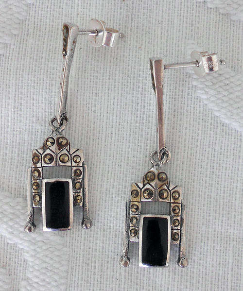 Authentic Art Deco Earrings*Black Onyx & Marcasites* 925 Silver *excellent condition