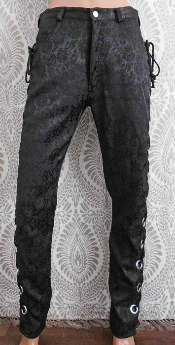 Vintage 80's Black Floral Brocade Pants* Lace-up Sided*Silver Eyelets* Size M