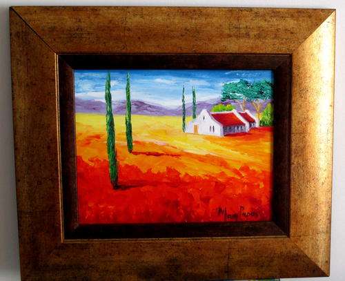 Cottage with Poplars, framed oil painting by Mary Papas