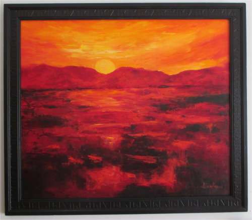 Mountain Sundown, framed oil painting by artist Mary Papas