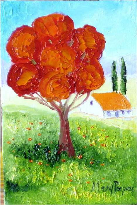 Little farm cottage 2, oil painting by artist Mary Papas