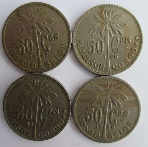 50 CENTIMES BELGIUM CONGO 1924/1926/1927/1929 *RARE* x4 COINS - LOT