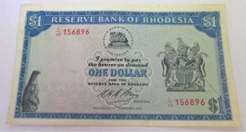 ONE DOLLAR 1973 RESERVE BANK OF RHODESIA SERIAL No L48 156896 - CECIL RHODES - RAKN/141